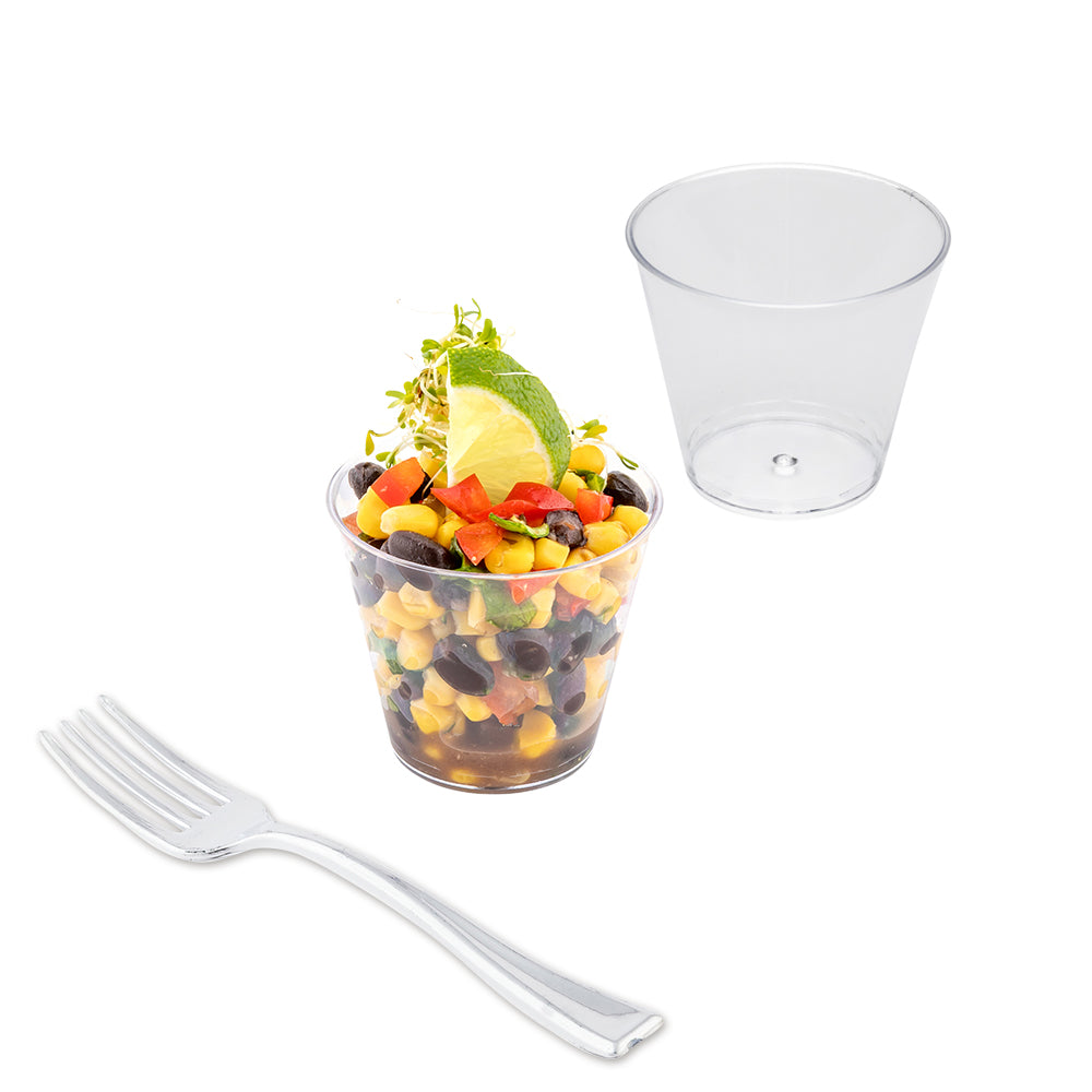 Mini Serve 100 4 oz Round Clear Plastic Arco Dessert Cups and 100 Silver Plastic 4" Mini Forks