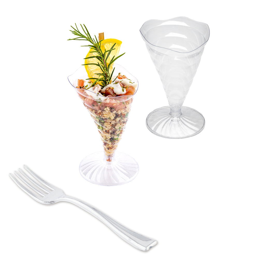 Mini Serve 100 3 oz Clear Plastic Nautilus Appetizer Cones and 100 Silver Plastic 4" Mini Forks
