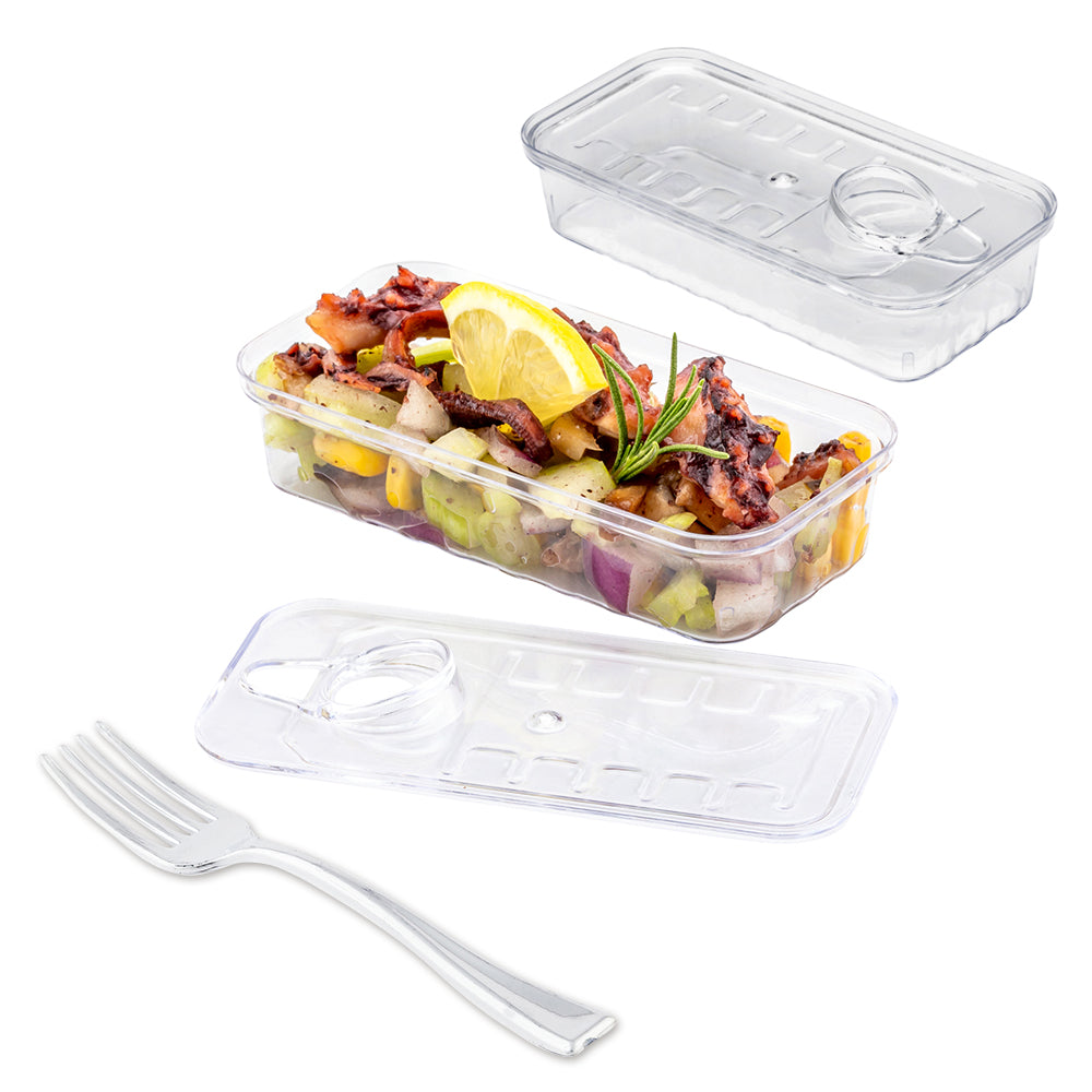 Mini Serve 100 2 oz Rectangle Clear Plastic Tin Cans and 100 Silver Plastic 4" Mini Forks