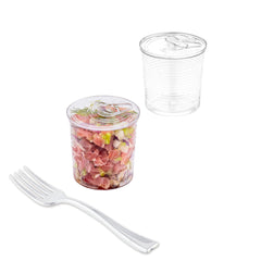 Mini Serve 100 4 oz Round Clear Plastic Tin Cans and 100 Silver Plastic 4