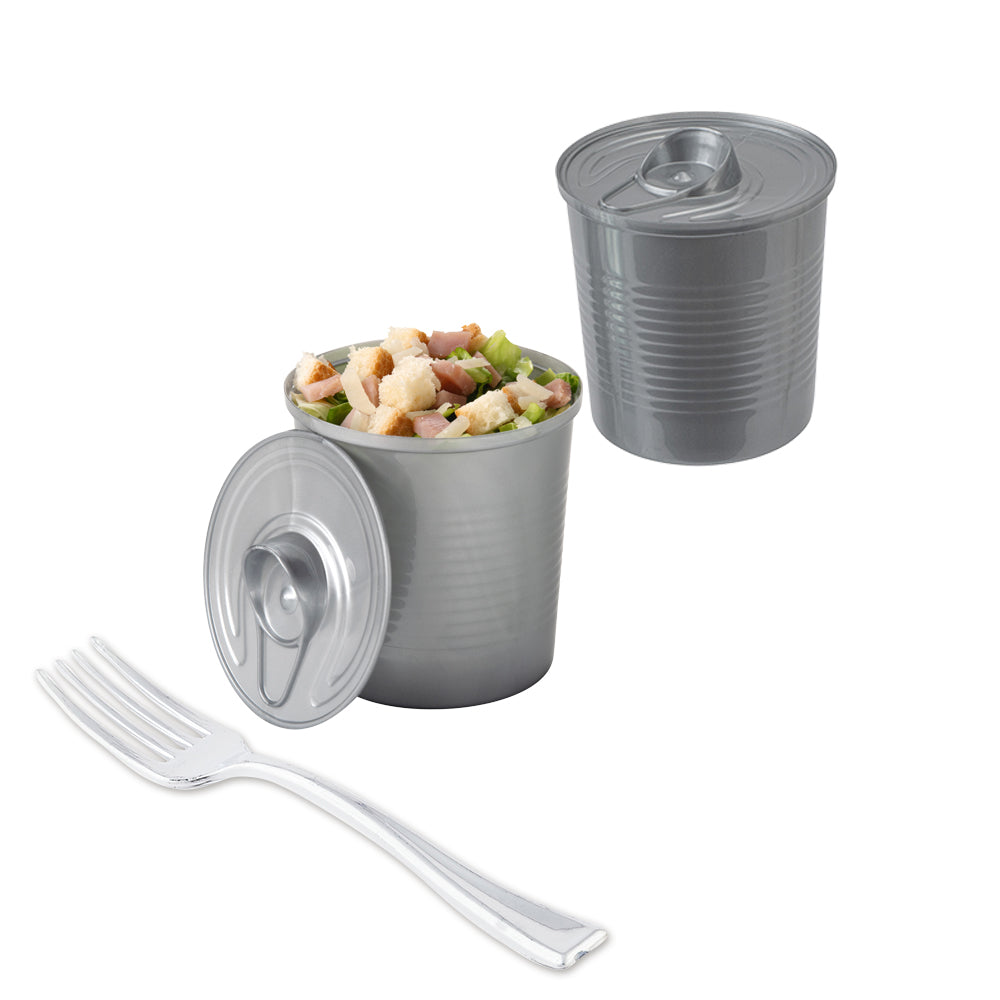 Mini Serve 100 4 oz Round Silver Plastic Tin Cans and 100 Silver Plastic 4" Mini Forks
