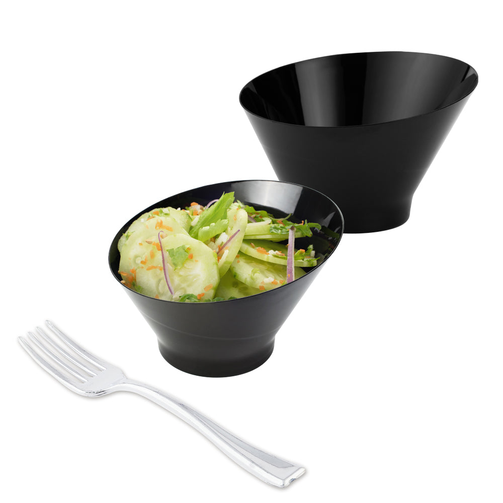 Mini Serve 100 5 oz Round Black Plastic Small Incline Bowls and 100 Silver Plastic 4" Mini Forks