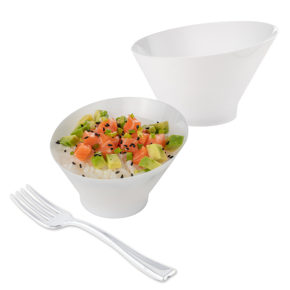 Mini Serve 100 5 oz Round White Plastic Small Incline Bowls and 100 Silver Plastic 4" Mini Forks