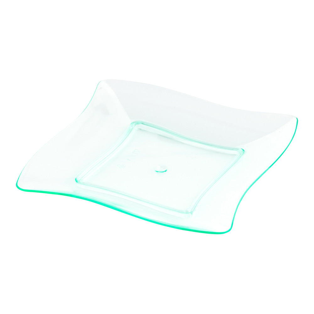 Mini Serve 100 Square Seagreen 3" Plastic Aqua Plates and 100 Silver Plastic 4" Mini Spoons