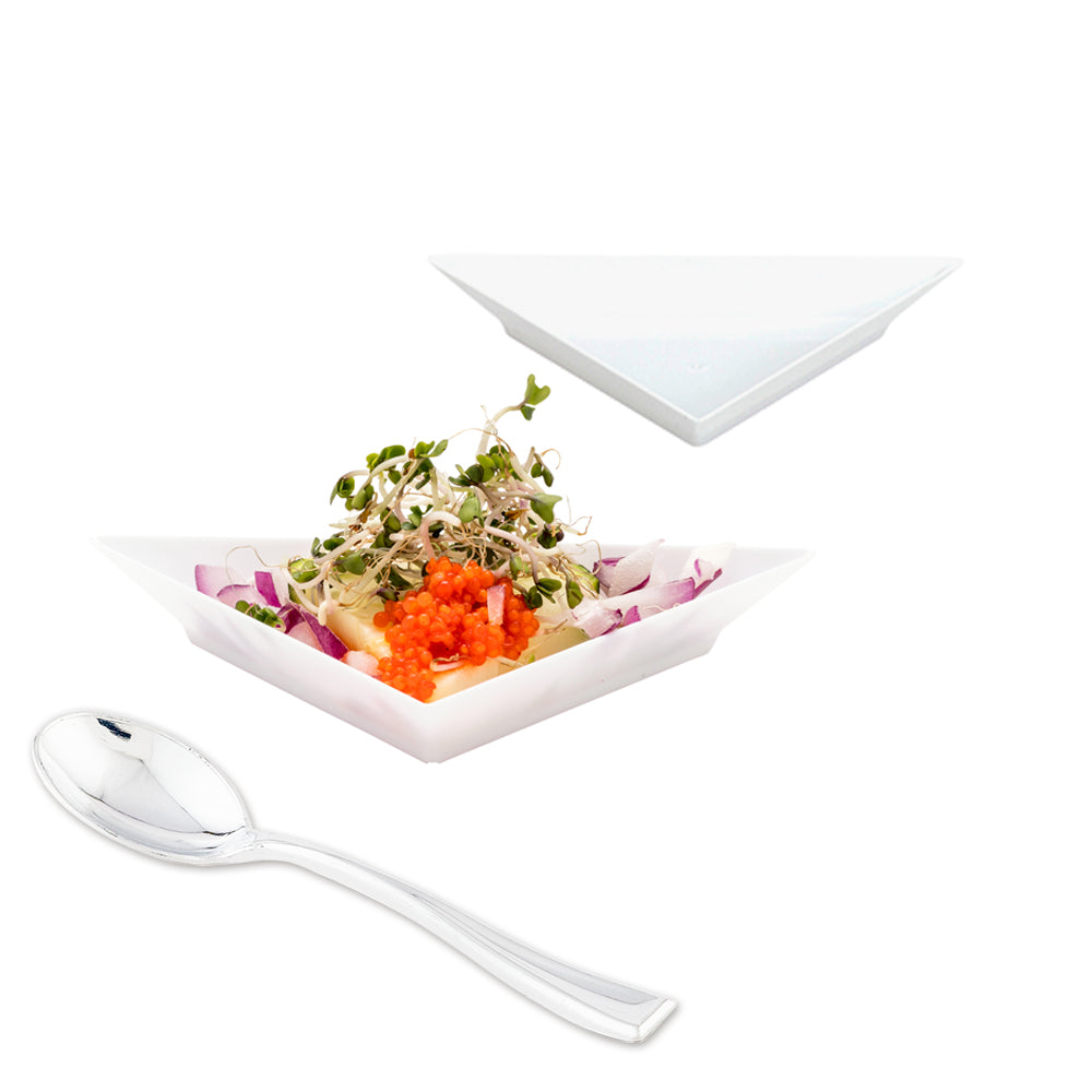 Mini Serve 100 White Plastic 4" Mini Triangolo Appetizer Plates and 100 Silver Plastic 4" Mini Spoons
