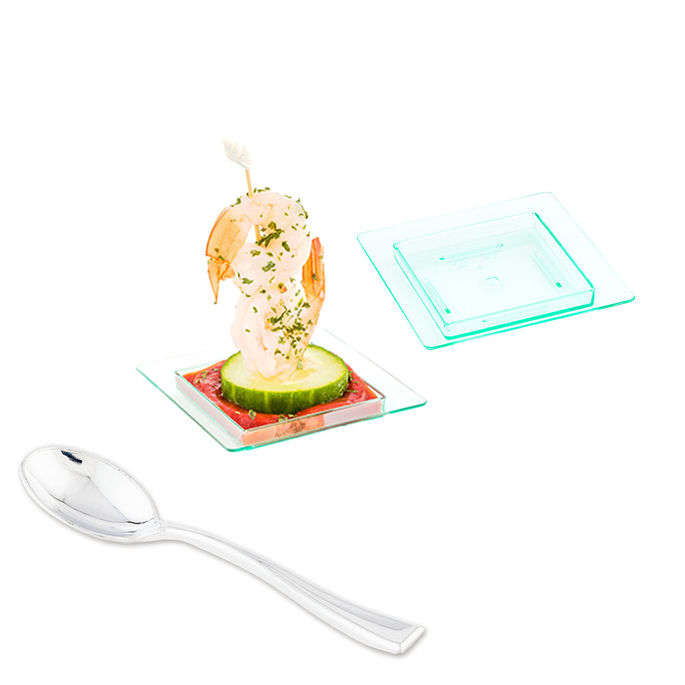 Mini Serve 100 Square Seagreen 2.75" Plastic Mini Edge Plates and 100 Silver Plastic 4" Mini Spoons