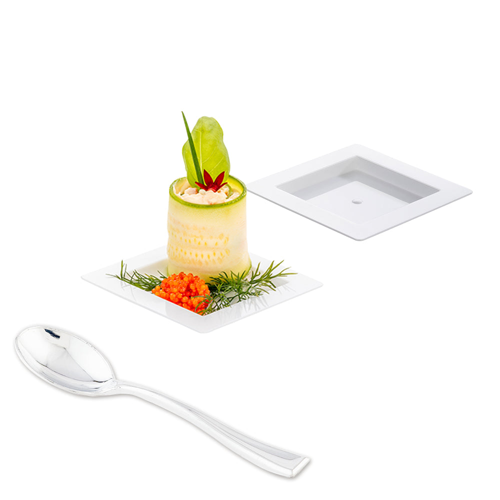 Mini Serve 100 Square White 2.75" Plastic Mini Edge Plates and 100 Silver Plastic 4" Mini Spoons
