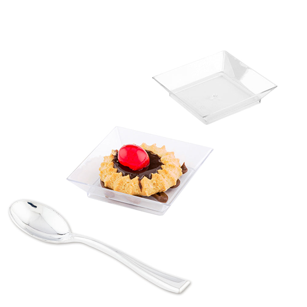 Mini Serve 100 Square Clear 2.5" Plastic Mini Modern Plates and 100 Silver Plastic 4" Mini Spoons