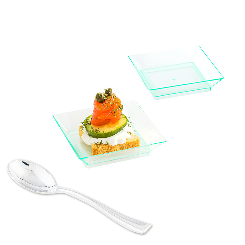 Mini Serve 100 Square Seagreen 2.5" Plastic Mini Modern Plates and 100 Silver Plastic 4" Mini Spoons