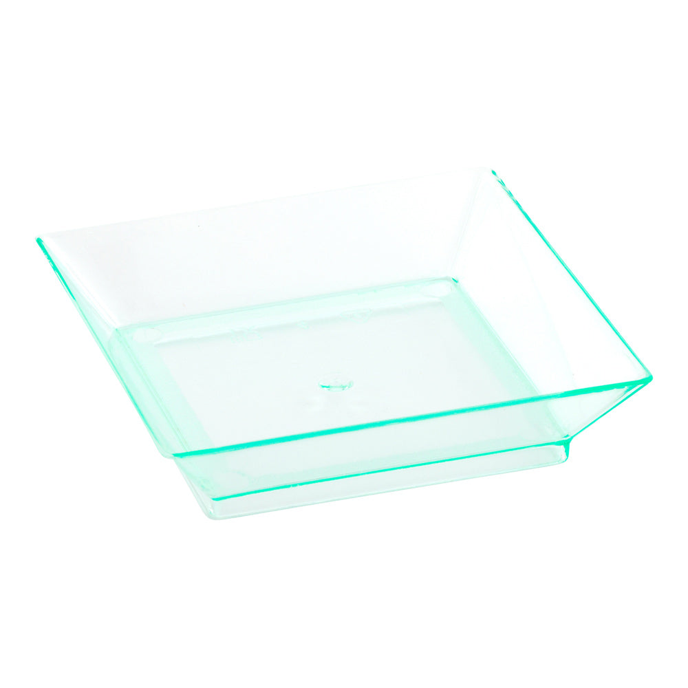 Mini Serve 100 Square Seagreen 2.5" Plastic Mini Modern Plates and 100 Silver Plastic 4" Mini Spoons