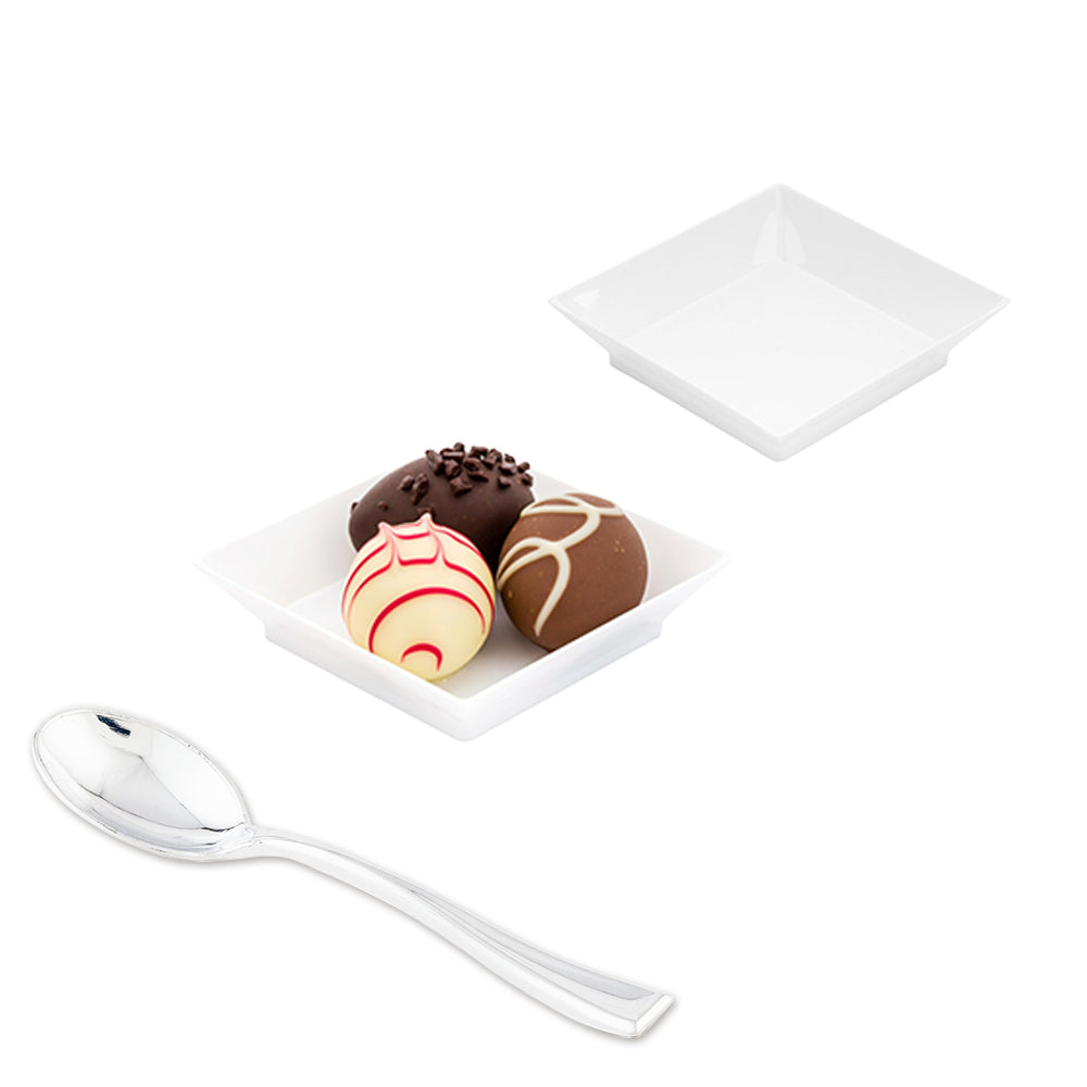 Mini Serve 100 Square White 2.5" Plastic Mini Modern Plates and 100 Silver Plastic 4" Mini Spoons