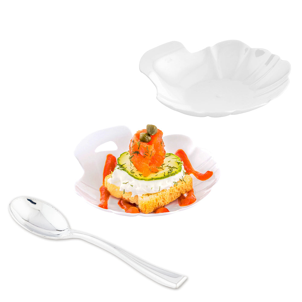 Mini Serve 100 White Plastic 3.25" Shell Plates and 100 Silver Plastic 4" Mini Spoons
