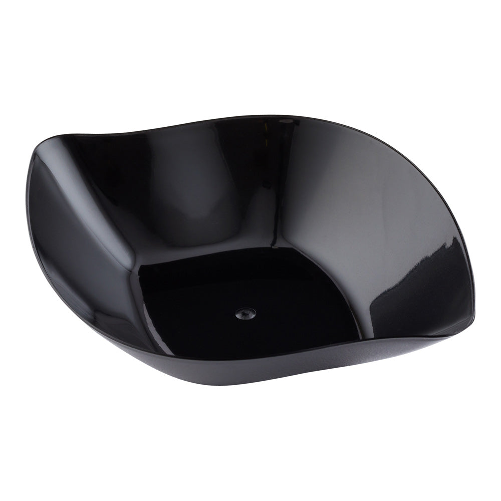 Mini Serve 100 Square Black 3.5" Plastic Comma Plates and 100 Silver Plastic 4" Mini Spoons