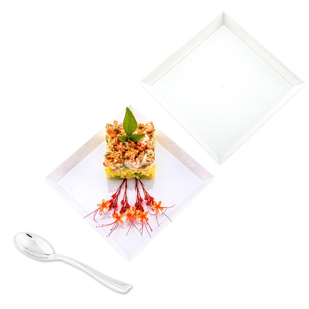 Mini Serve 100 Square White 5" Plastic Medium Modern Plates and 100 Silver Plastic 4" Mini Spoons