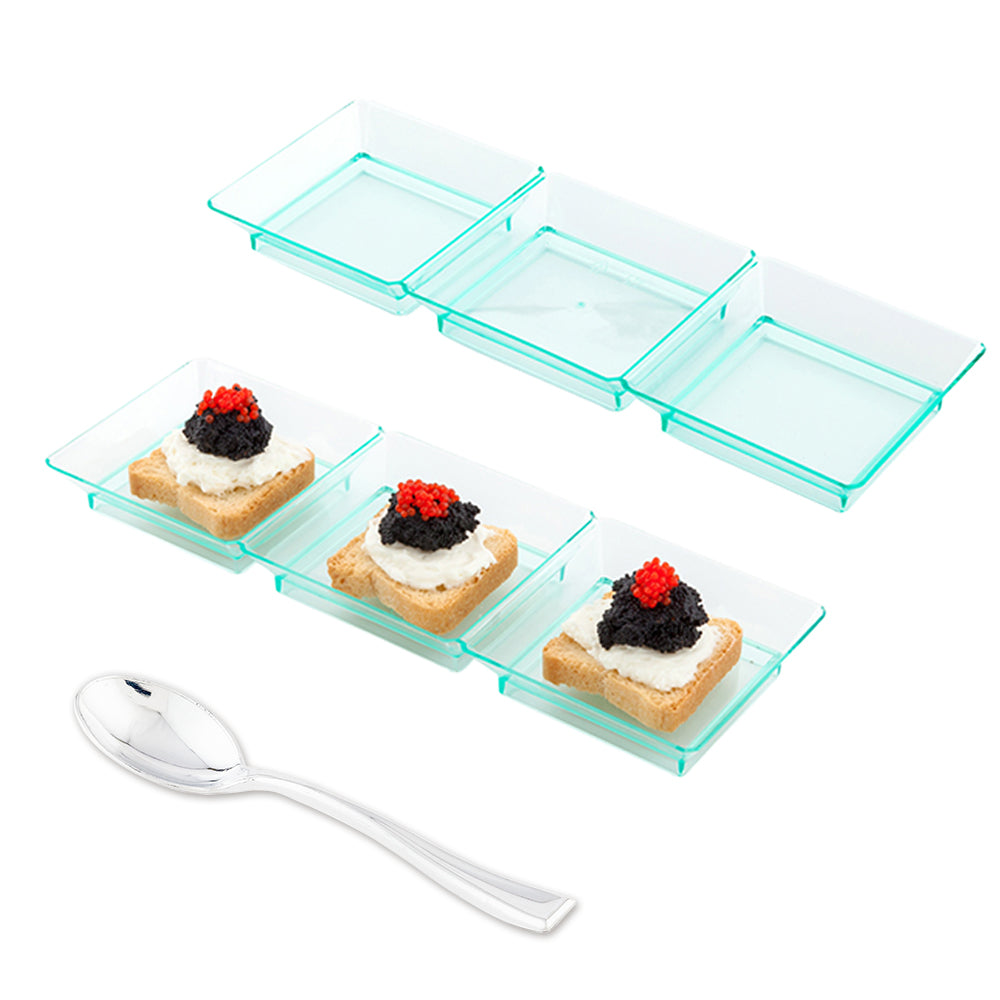 Mini Serve 100 Rectangle Seagreen 7.5" Plastic Terzetto Mini Plates and 100 Silver Plastic 4" Mini Spoons