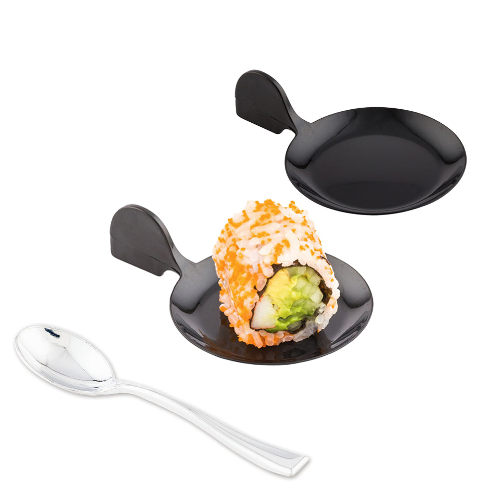 Mini Serve 100 Black 3.7" Plastic Fish Tasting Plates and 100 Silver Plastic 4" Mini Spoons