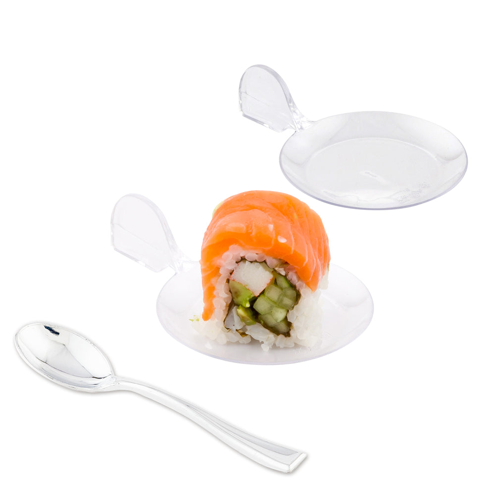 Mini Serve 100 Clear 3.7" Plastic Fish Tasting Plates and 100 Silver Plastic 4" Mini Spoons