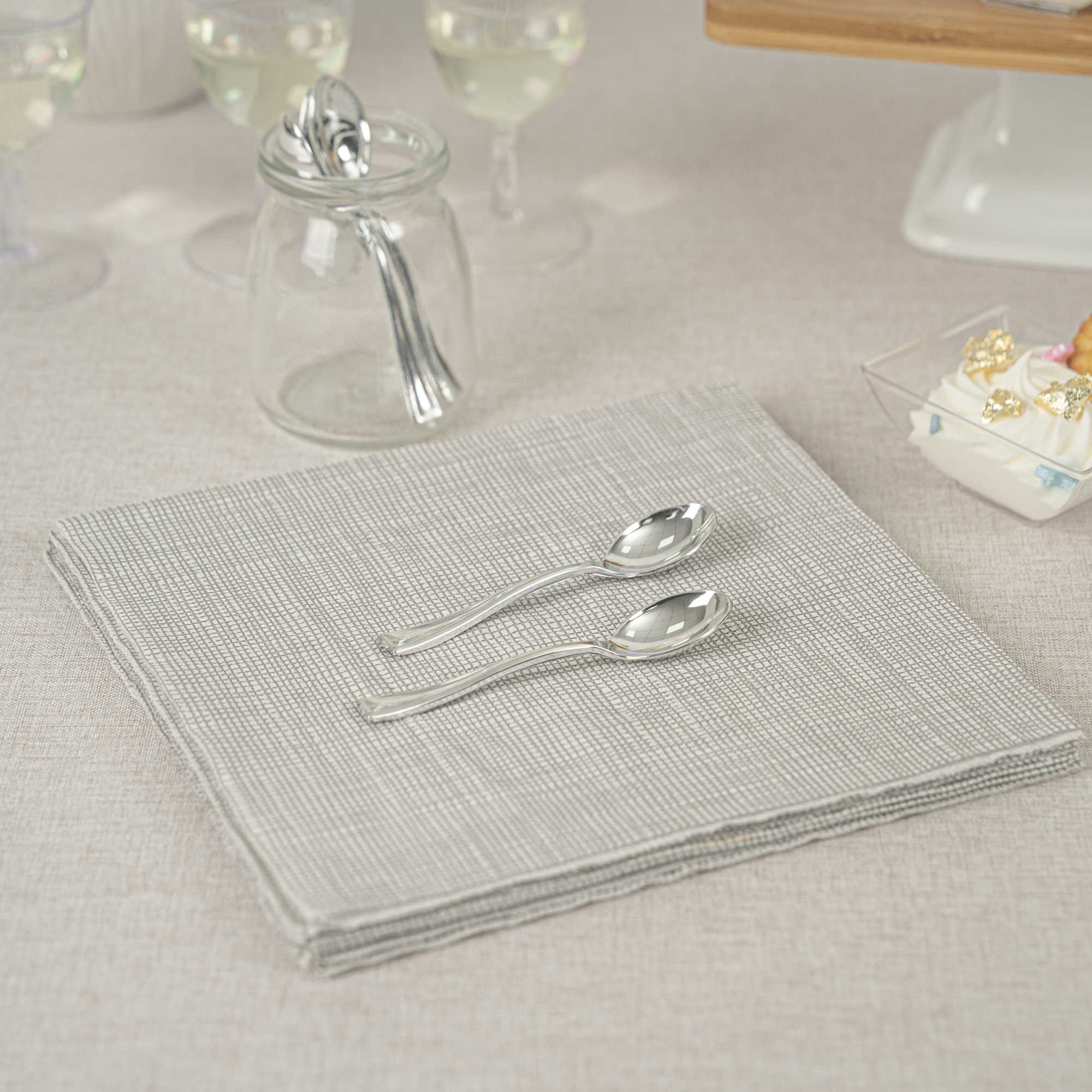 Mini Serve 100 Clear 3.7" Plastic Fish Tasting Plates and 100 Silver Plastic 4" Mini Spoons