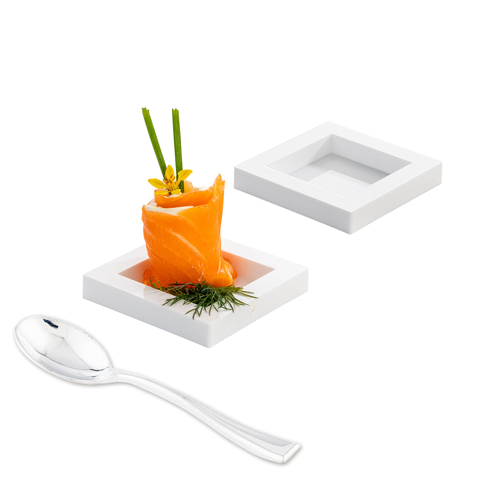 Mini Serve 100 Square White 2.5" Plastic Mini Cubic Plates and 100 Silver Plastic 4" Mini Spoons