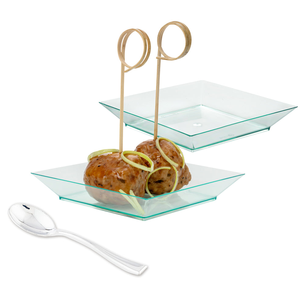 Mini Serve 100 Square Seagreen 3.9" Plastic Small Modern Plates and 100 Silver Plastic 4" Mini Spoons