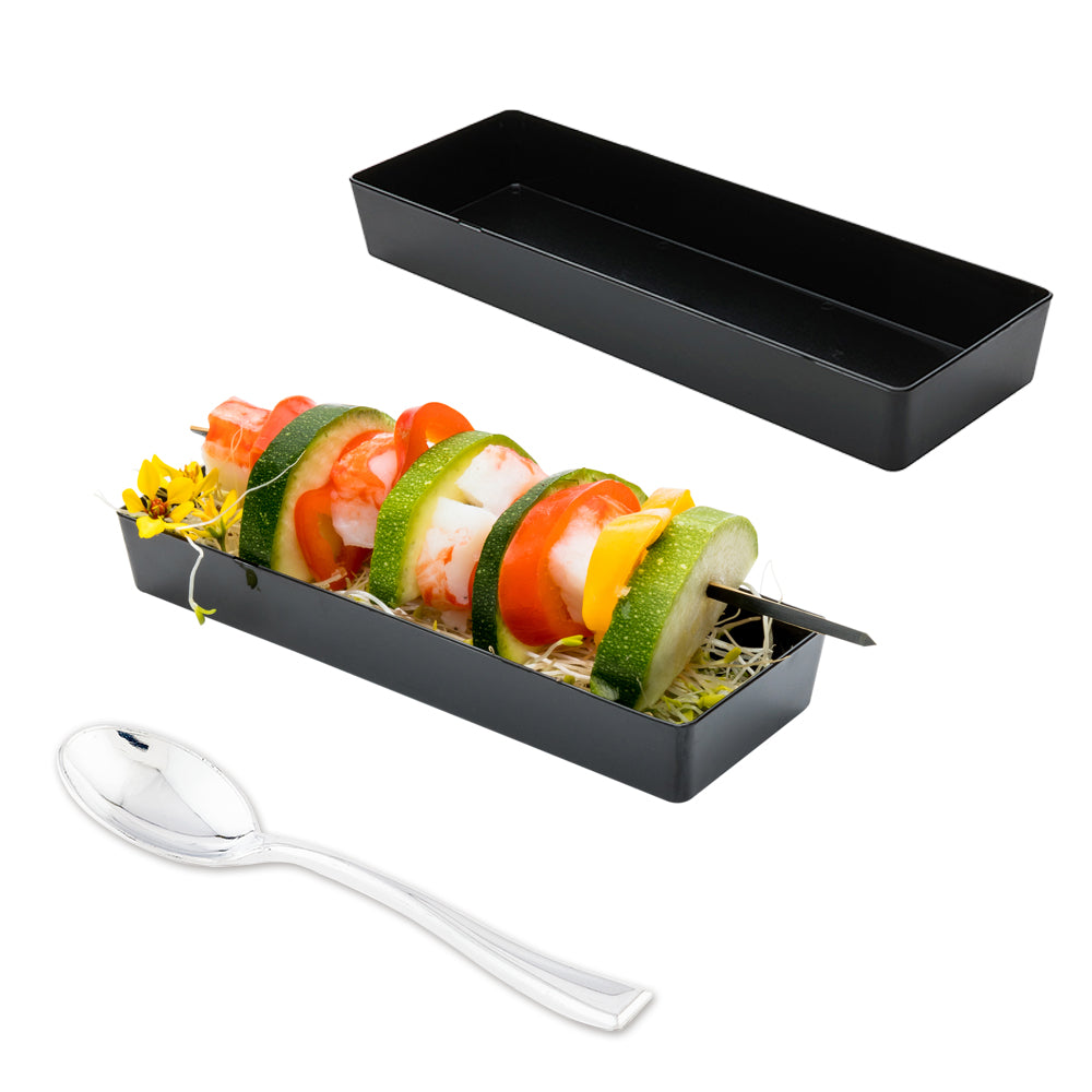 Mini Serve 100 Rectangle Black 5.2" Plastic Modern Plates and 100 Silver Plastic 4" Mini Spoons