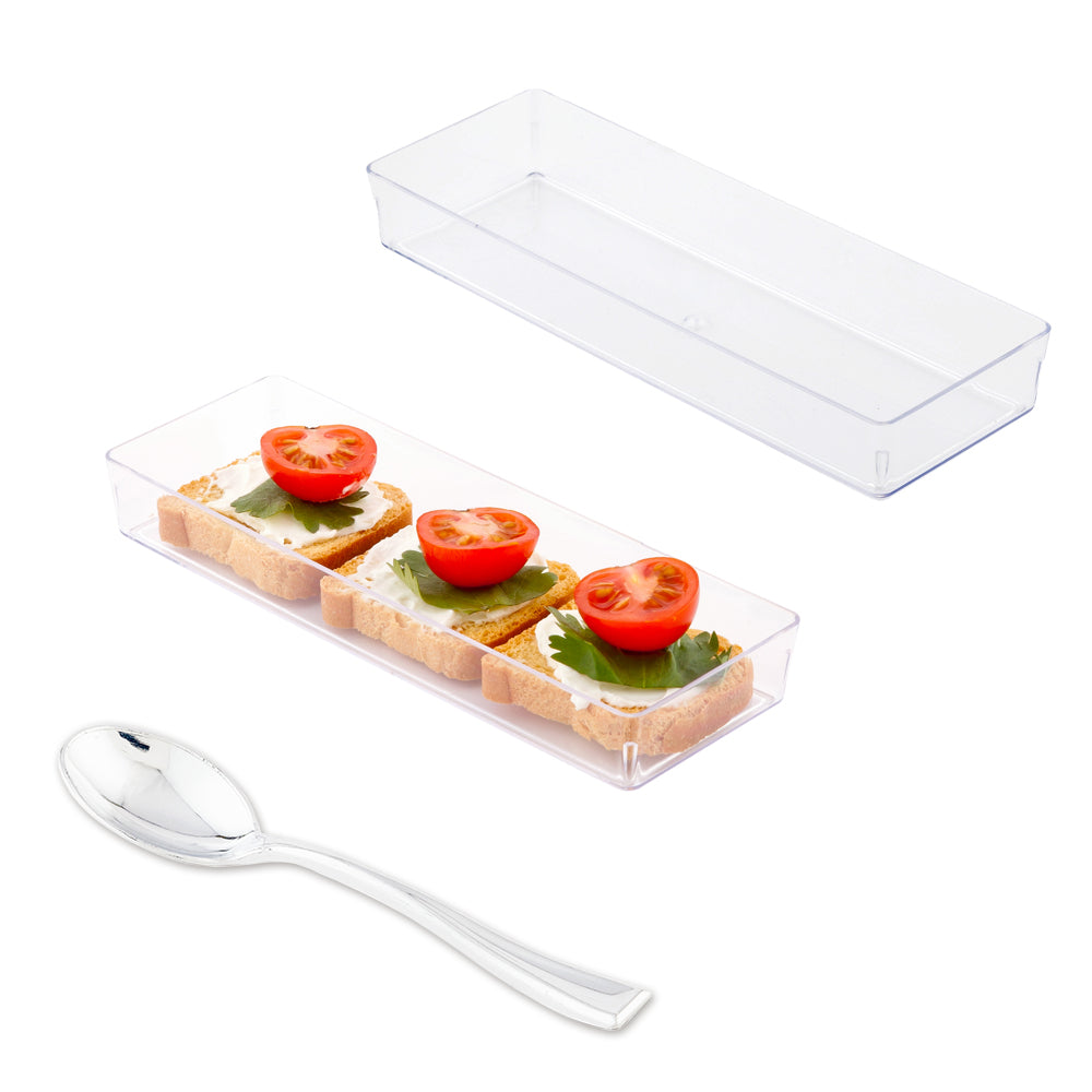 Mini Serve 100 Rectangle Clear 5.2" Plastic Modern Plates and 100 Silver Plastic 4" Mini Spoons