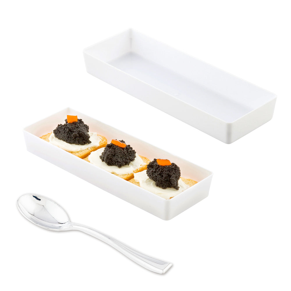 Mini Serve 100 Rectangle White 5.2" Plastic Modern Plates and 100 Silver Plastic 4" Mini Spoons
