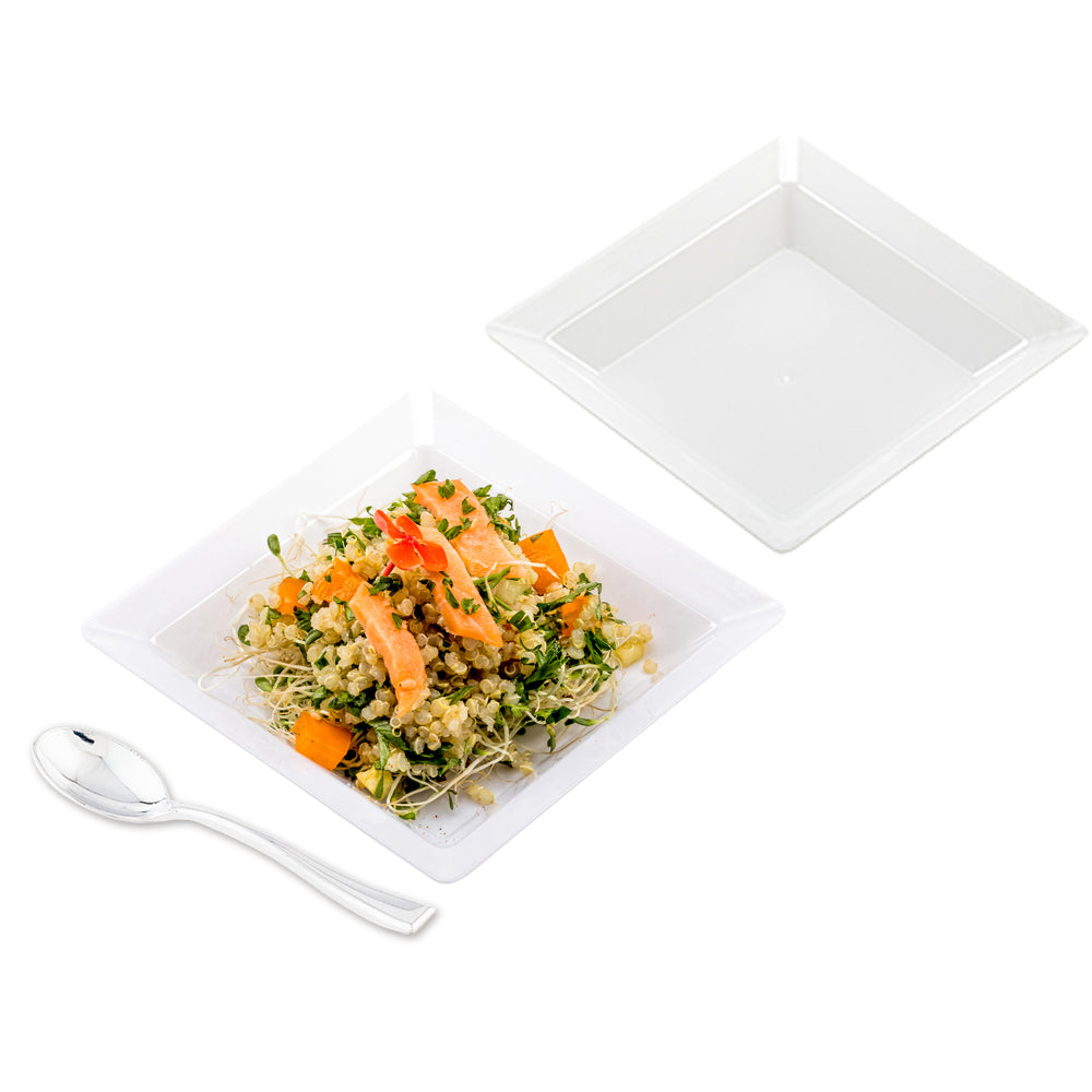 Mini Serve 100 Square White 4.25" Plastic Plates and 100 Silver Plastic 4" Mini Spoons