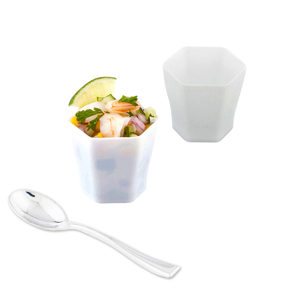Mini Serve 100 2 oz Hexagon White Plastic Glass and 100 Silver Plastic 4" Mini Spoons
