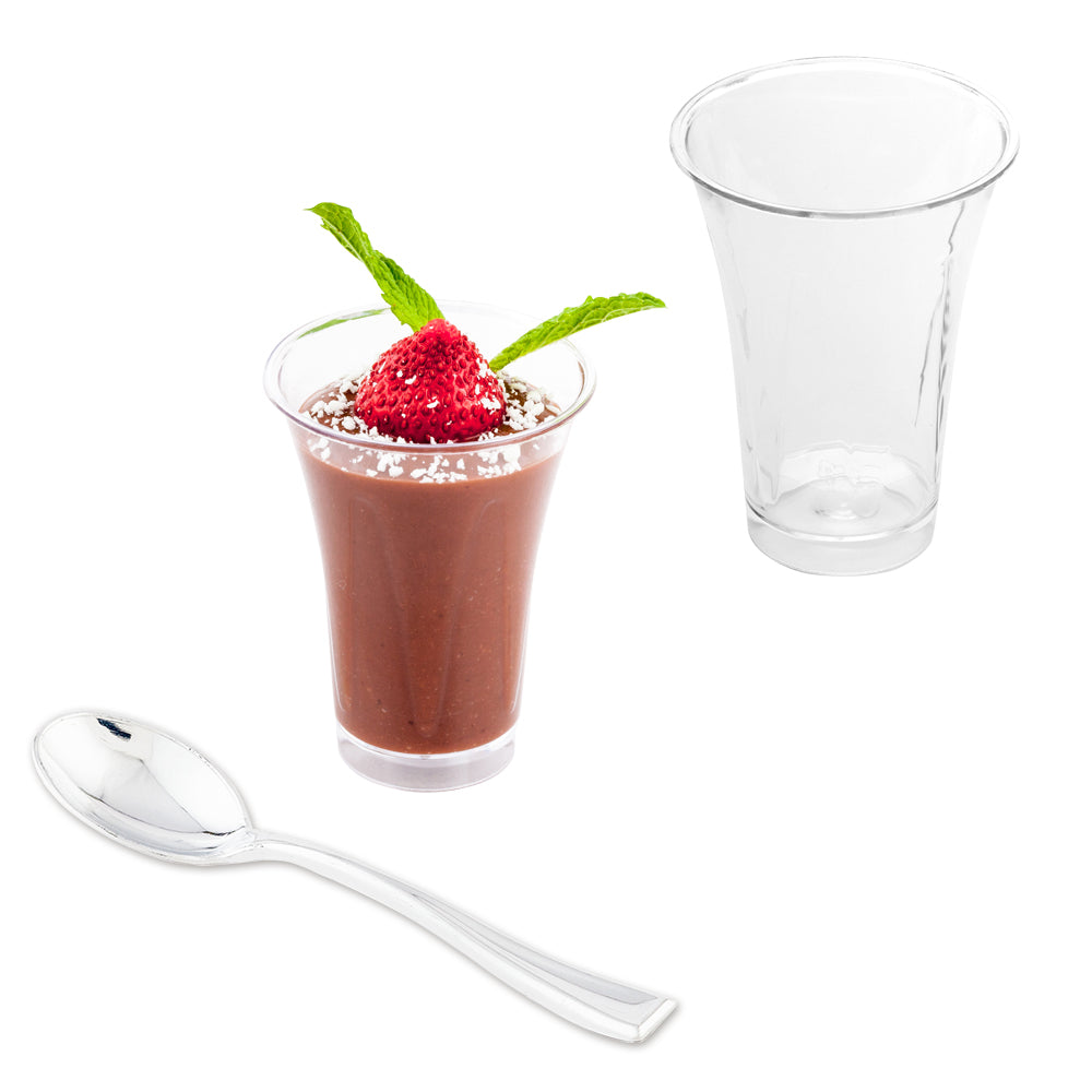 Mini Serve 100 2 oz Round Clear Plastic Mini Trumpet Cups and 100 Silver Plastic 4" Mini Spoons