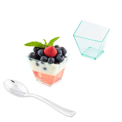Mini Serve 100 2 oz Square Seagreen Plastic Girata Dessert Dish and 100 Silver Plastic 4