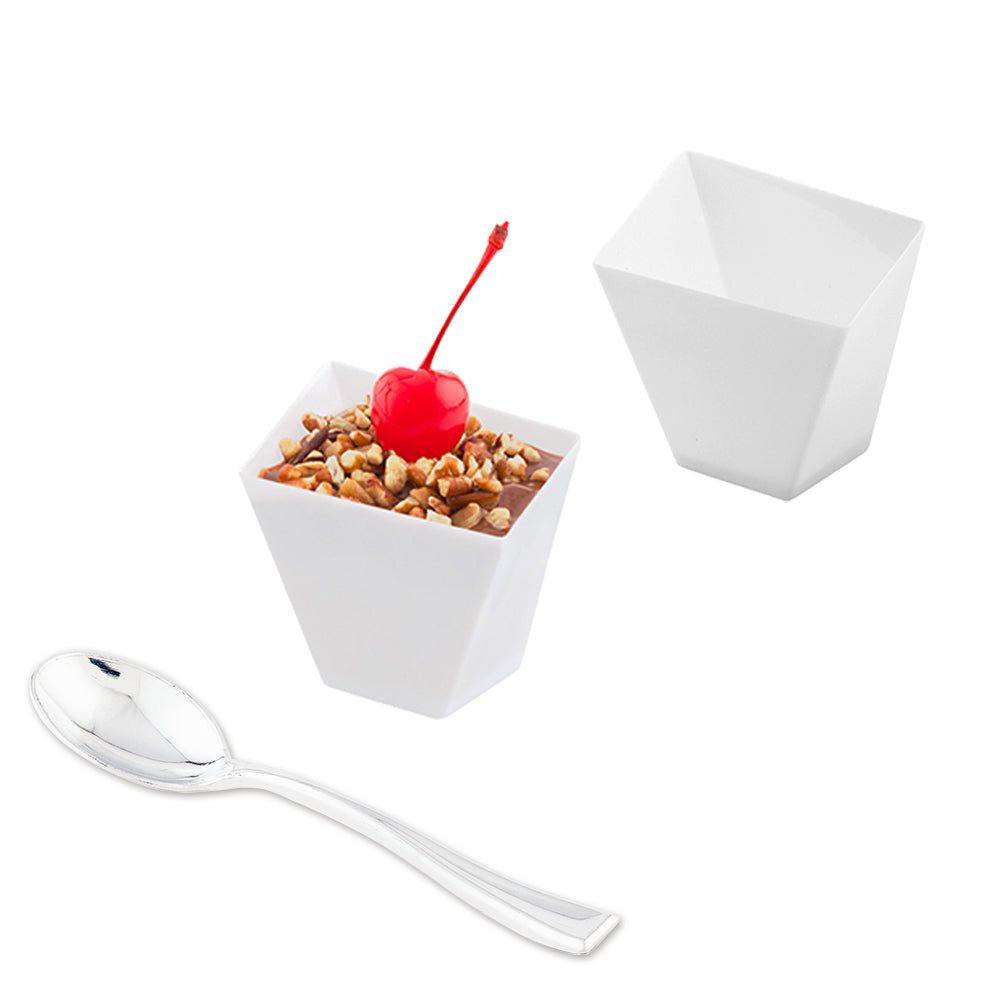 Mini Serve 100 2 oz Square White Plastic Girata Dessert Dish and 100 Silver Plastic 4" Mini Spoons