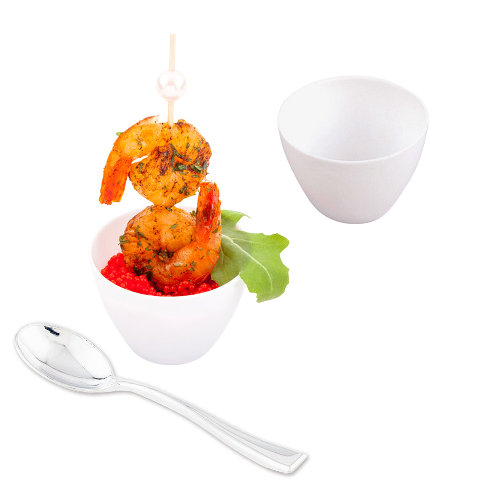 Mini Serve 100 2 oz Round White Plastic Mini Tasting Bowls and 100 Silver Plastic 4" Mini Spoons