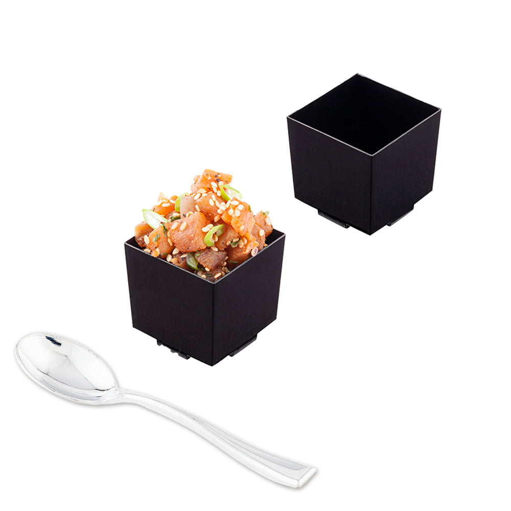 Mini Serve 100 3 oz Square Black Plastic Quadrato Cups and 100 Silver Plastic 4" Mini Spoons