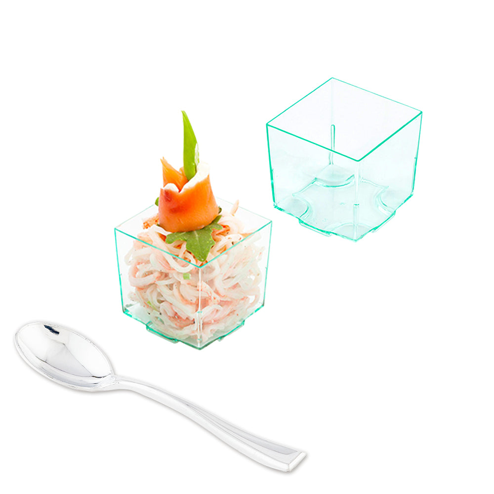 Mini Serve 100 3 oz Square Seagreen Plastic Quadrato Cups and 100 Silver Plastic 4" Mini Spoons