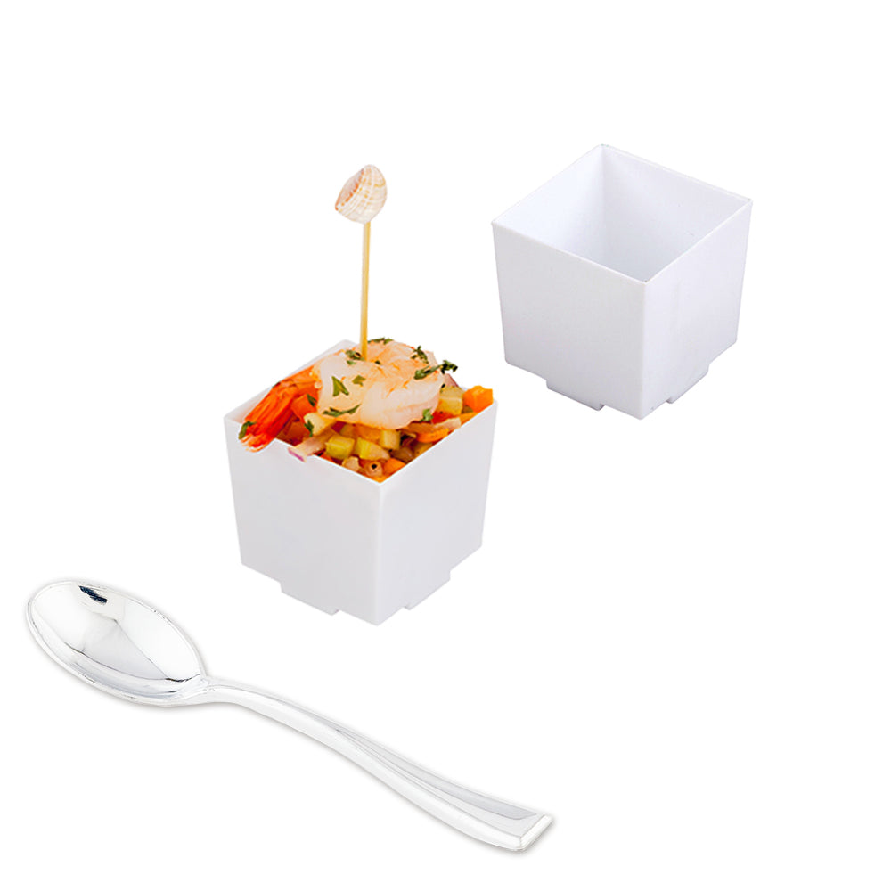 Mini Serve 100 3 oz Square White Plastic Quadrato Cups and 100 Silver Plastic 4" Mini Spoons