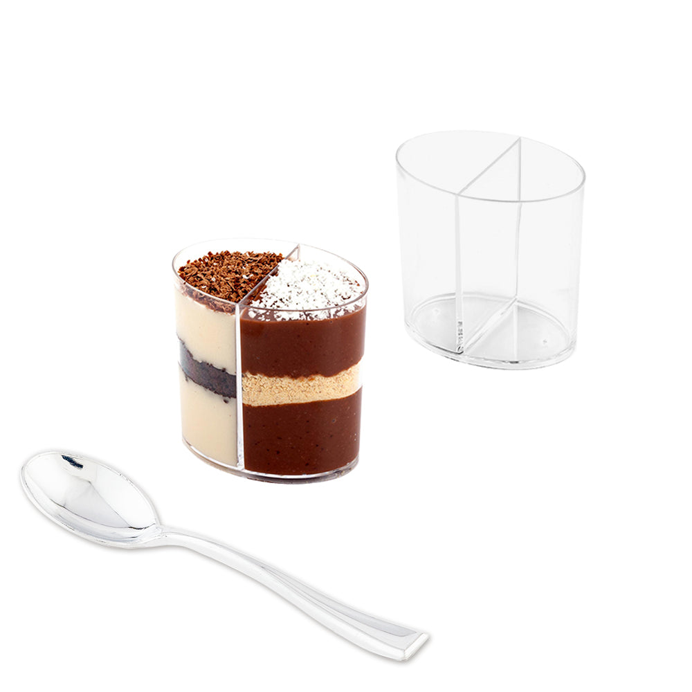 Mini Serve 100 4 oz Oval Clear Plastic Duet Tasting Cups and 100 Silver Plastic 4" Mini Spoons