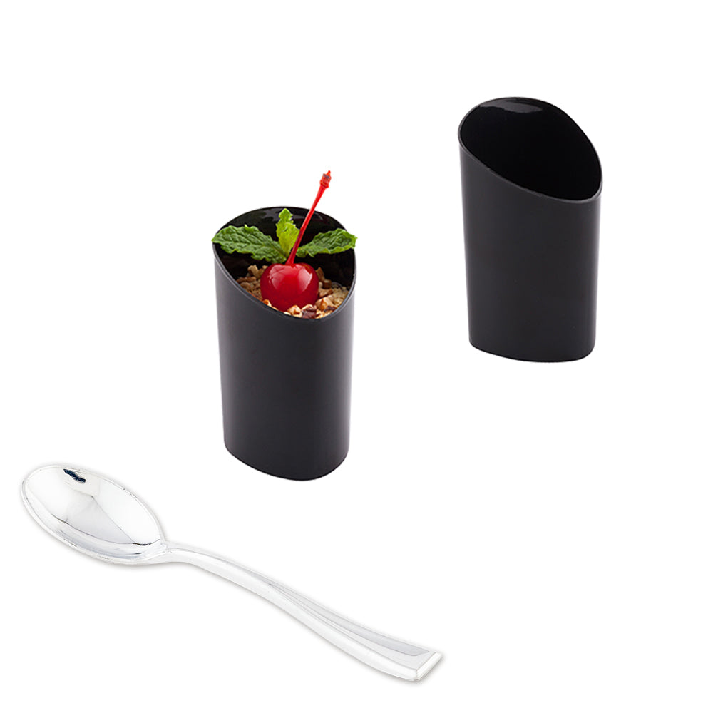 Mini Serve 100 3 oz Black Plastic Triangolo Shot Glass and 100 Silver Plastic 4" Mini Spoons