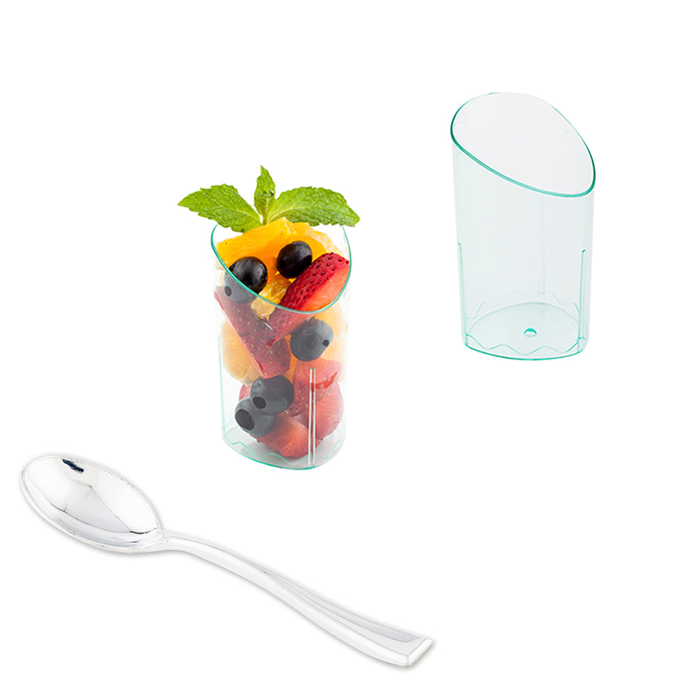 Mini Serve 100 3 oz Seagreen Plastic Triangolo Shot Glass and 100 Silver Plastic 4" Mini Spoons
