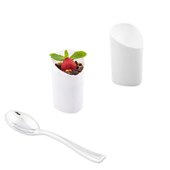 Mini Serve 100 3 oz White Plastic Triangolo Shot Glass and 100 Silver Plastic 4