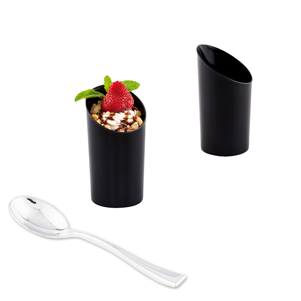 Mini Serve Bundle: 100 3 oz Round Incline Shot Glass with 100 Silver Plastic 4" Mini Spoons