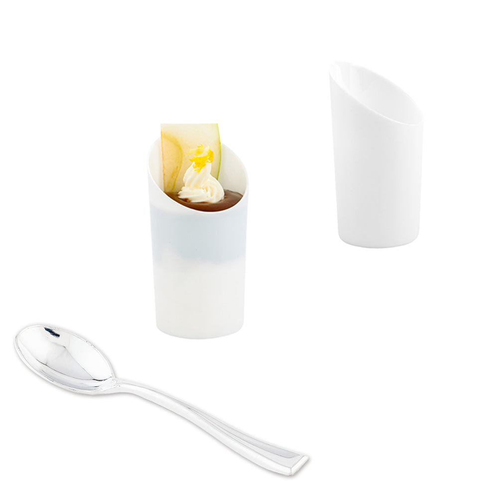 Mini Serve Bundle: 100 3 oz Round White Plastic Incline Shot Glass with 100 Silver Plastic 4" Mini Spoons