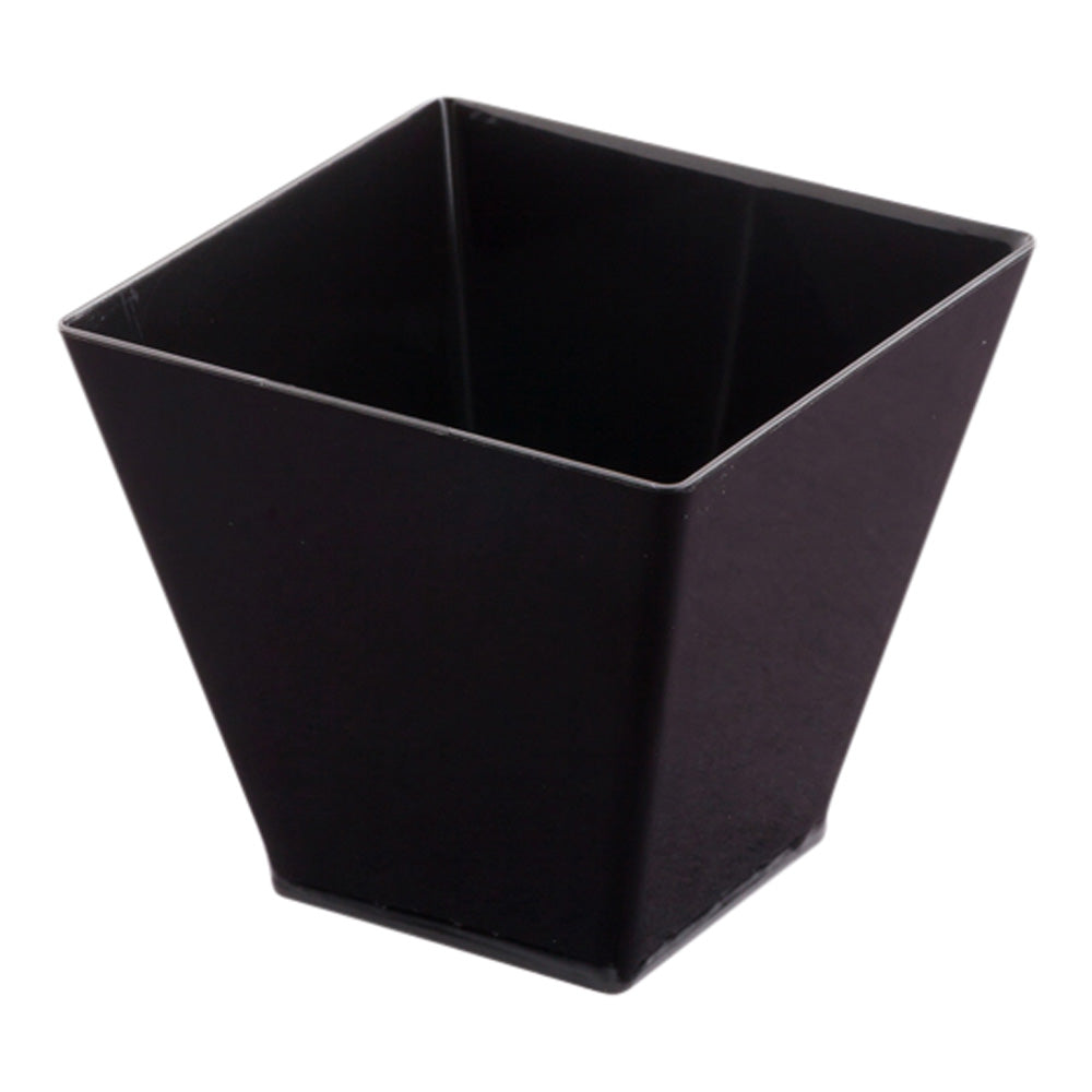 Mini Serve Bundle: 100 2 oz Square Black Plastic Mini Kova Cups with 100 Silver Plastic 4" Mini Spoons