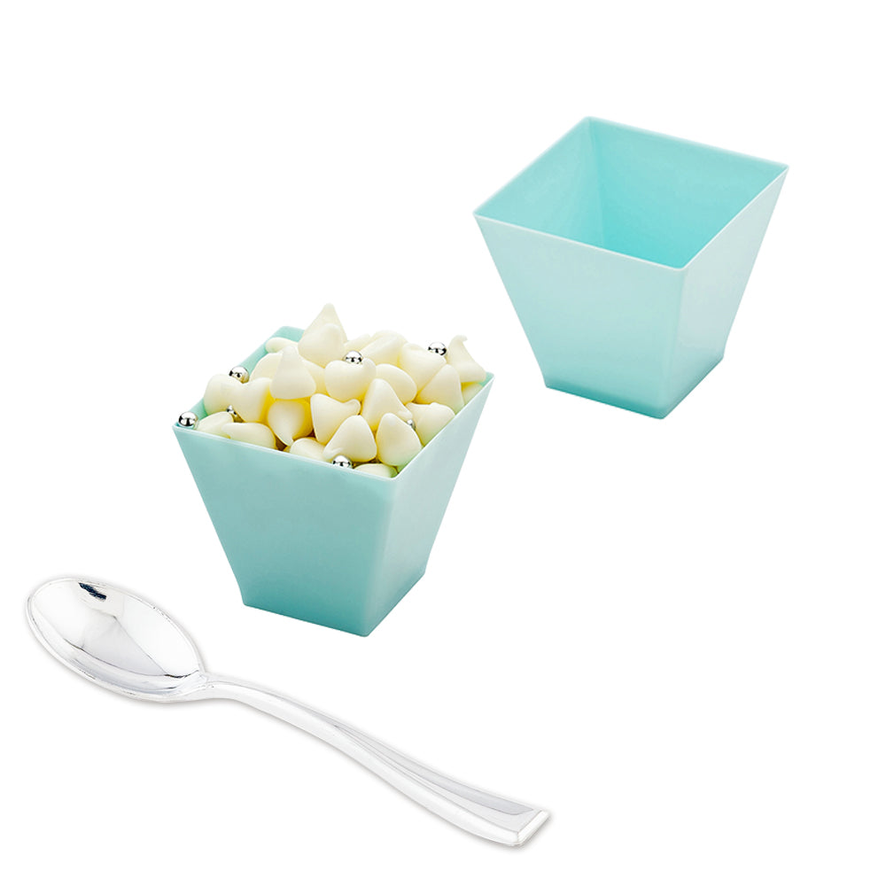 Mini Serve Bundle: 100 2 oz Square Baby Blue Plastic Mini Kova Cups with 100 Silver Plastic 4" Mini Spoons