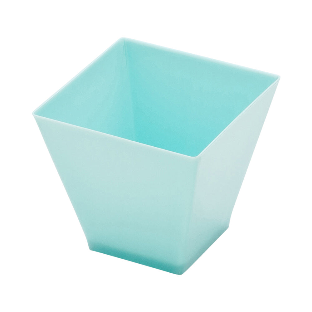 Mini Serve Bundle: 100 2 oz Square Baby Blue Plastic Mini Kova Cups with 100 Silver Plastic 4" Mini Spoons