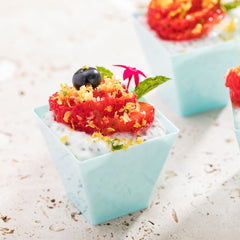 Mini Serve Bundle: 100 2 oz Square Baby Blue Plastic Mini Kova Cups with 100 Silver Plastic 4