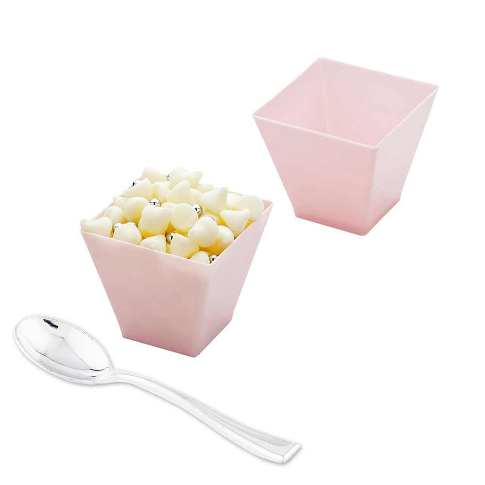 Mini Serve Bundle: 100 2 oz Square Powder Pink Plastic Mini Kova Cups with 100 Silver Plastic 4" Mini Spoons