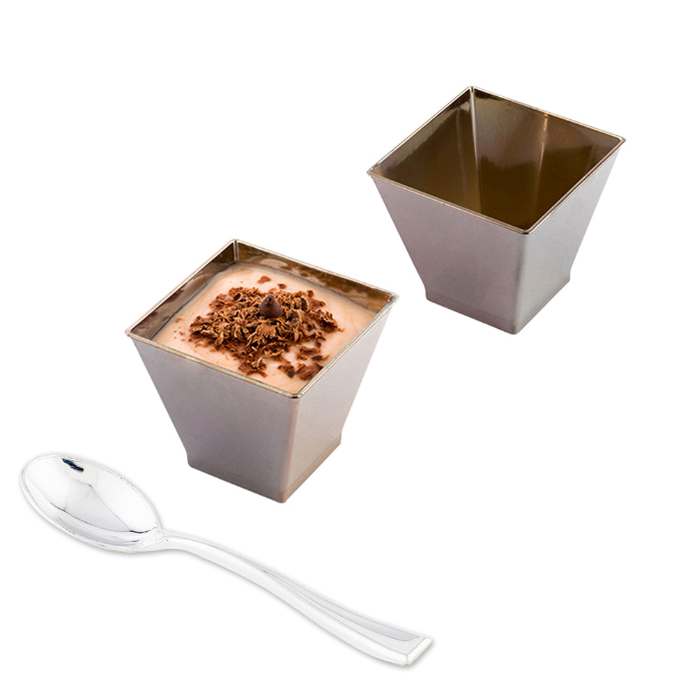 Mini Serve Bundle: 100 2 oz Square Silver Plastic Mini Kova Cups with 100 Silver Plastic 4" Mini Spoons
