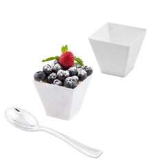 Mini Serve Bundle: 100 2 oz Square White Plastic Mini Kova Cups with 100 Silver Plastic 4