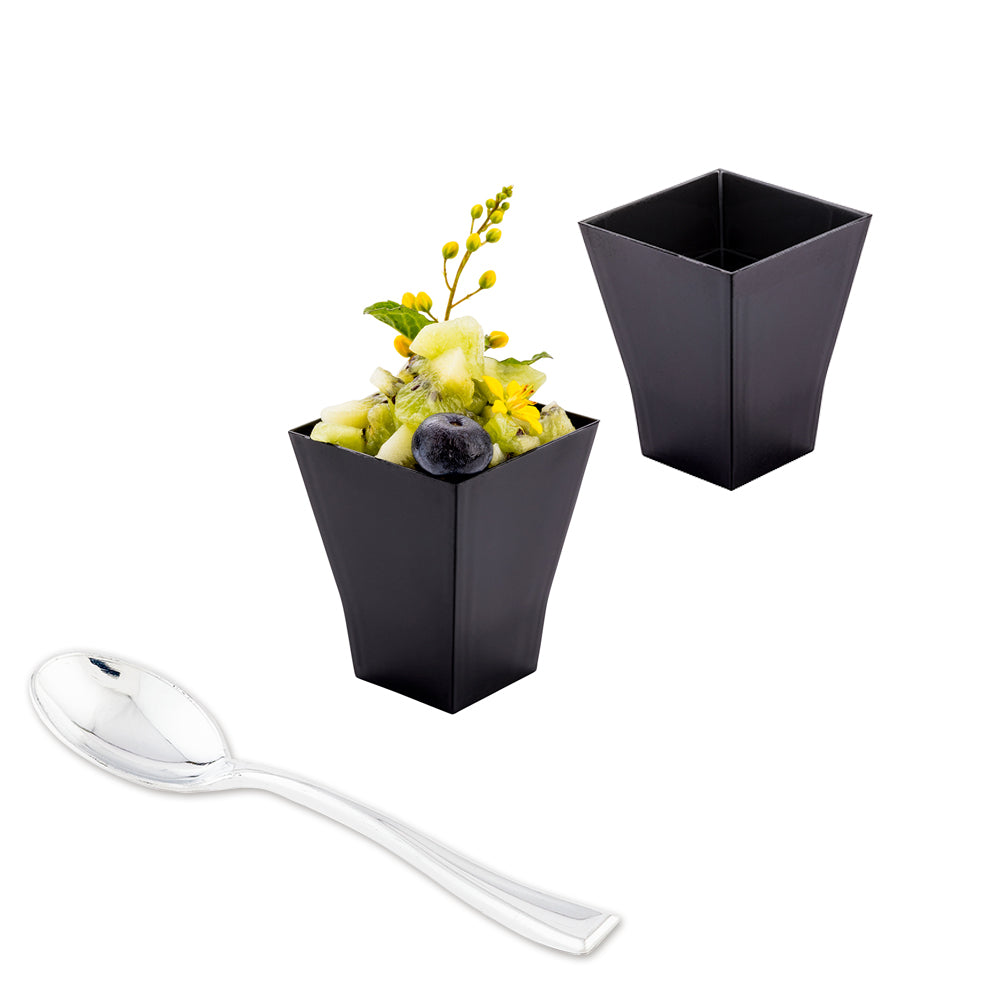 Mini Serve Bundle: 100 2 oz Square Black Plastic Bonito Cups with 100 Silver Plastic 4" Mini Spoons